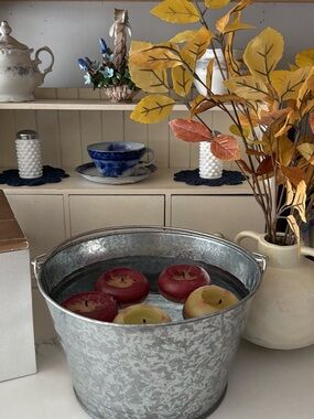Element Galvanized Bucket with Red and Yellow Floating Apple Candles